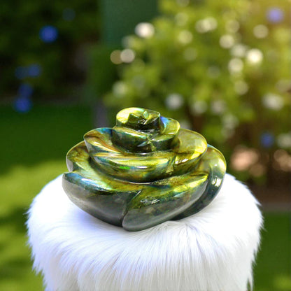Lovely Color Sheen Nat. Labradorite Gemstone Rose Flower Carved Figure
