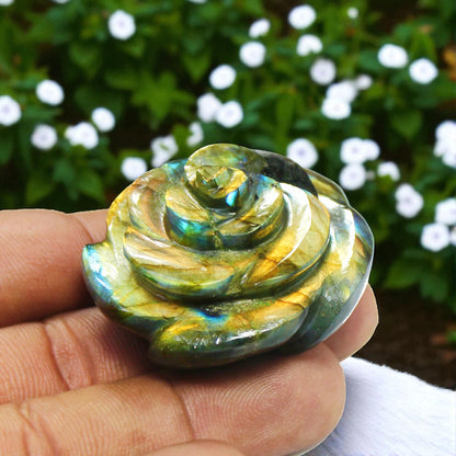 Lovely Color Sheen Nat. Labradorite Gemstone Rose Flower Carved Figure