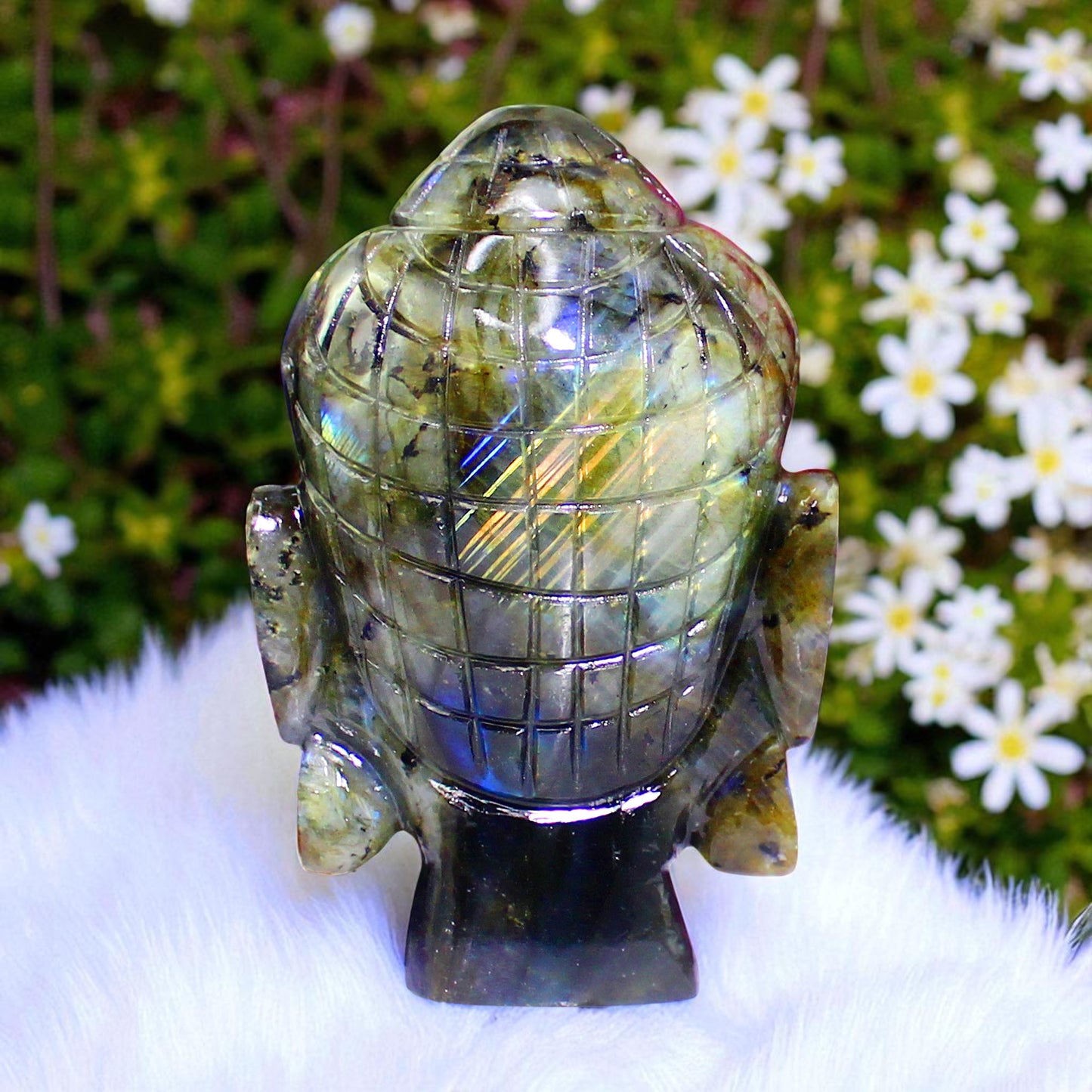 Super Color Sheen Nat. Labradorite Gemstone Meditating Buddha Head Carved Figure