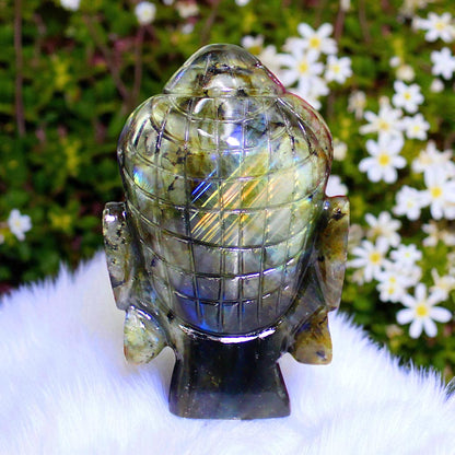 Super Color Sheen Nat. Labradorite Gemstone Meditating Buddha Head Carved Figure