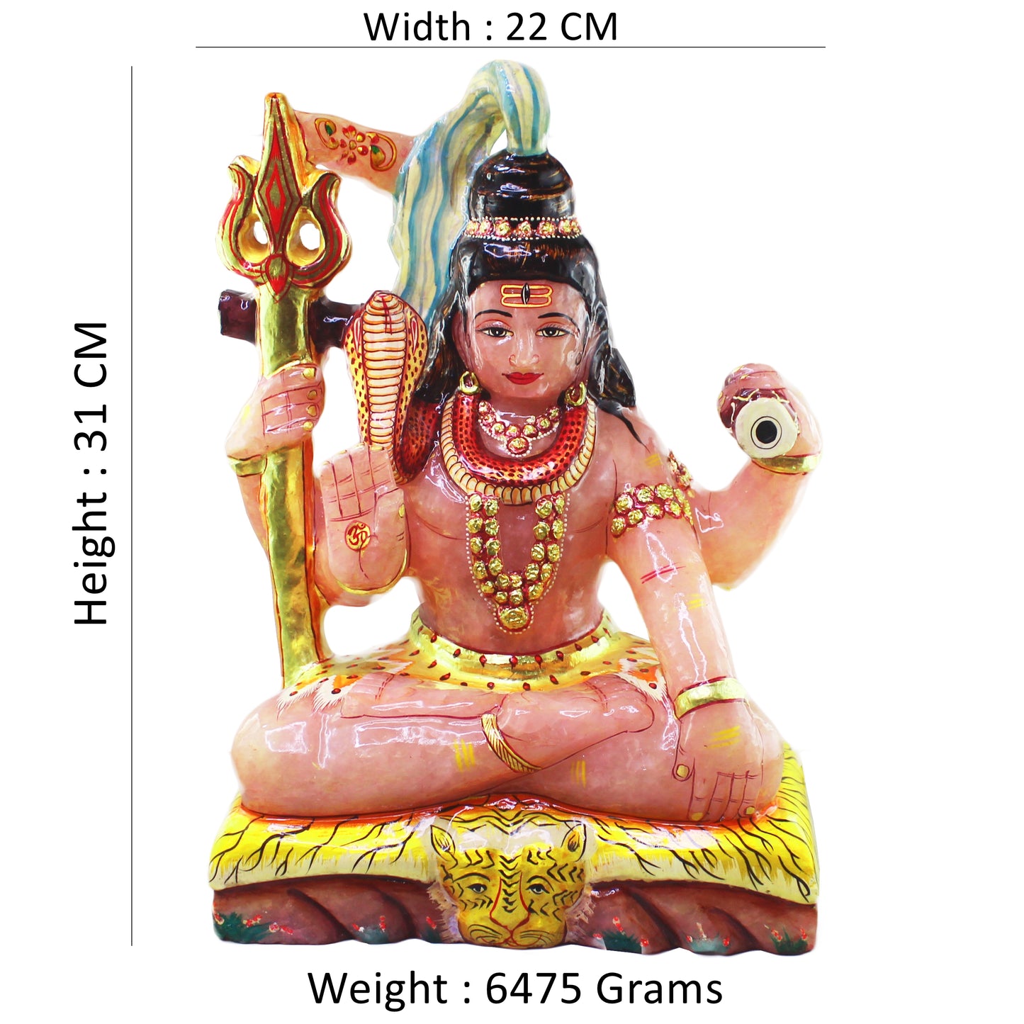 Nat. Rose Quartz Gemstone Shiva Figure Carved with 22 Carat Gold Work Paint