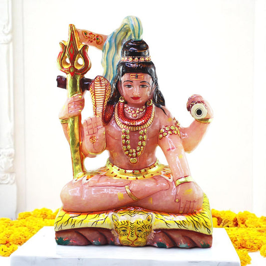 Nat. Rose Quartz Gemstone Shiva Figure Carved with 22 Carat Gold Work Paint