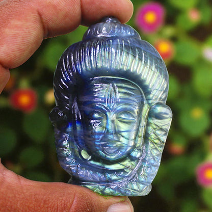 Amazing Color Sheen Nat. Labradorite Gemstone Lord Shiva Head Carved Figure