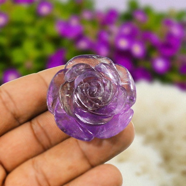 Rare Nat. Amethyst Gemstone Rose Flower Carved Figure