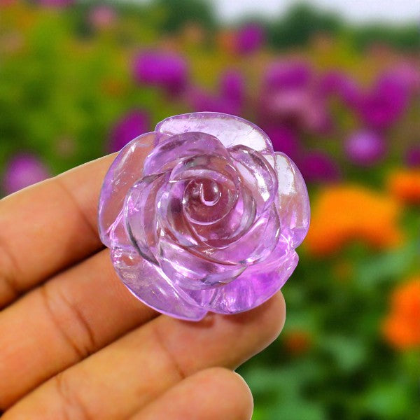 Rare Nat. Amethyst Gemstone Rose Flower Carved Figure