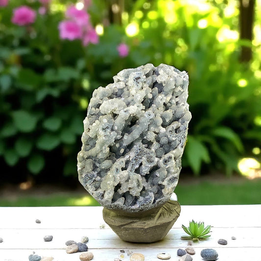 Premium Apophyllite Geode Cluster – Radiant Clear Points in Volcanic Black Chalcedony