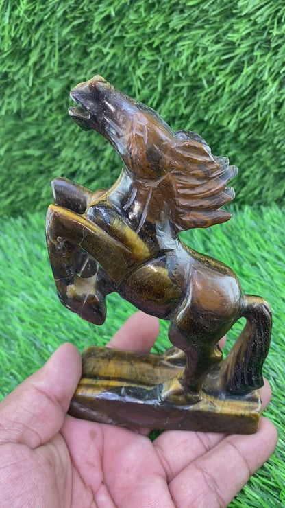 Rearing Horse Carving in Golden Tiger Eye – Handcrafted Gemstone Statue