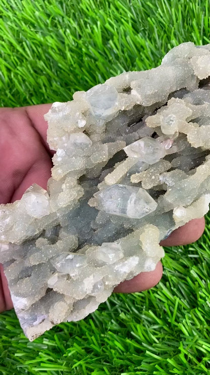 Premium Apophyllite Geode Cluster – Radiant Clear Points in Volcanic Black Chalcedony