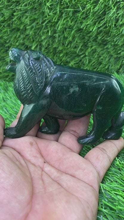 Green Aventurine Jade Roaring Lion – Hand-Carved Gemstone Power Figurine