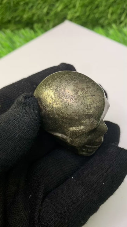 Pyrite Skull Figurine – Vintage Finish Hand-Carved Gemstone